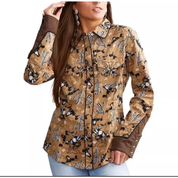 Wrangler X Leon Bridges Snap Button Down Western Shirt Cowboy Print Brown L - Picture 1 of 7
